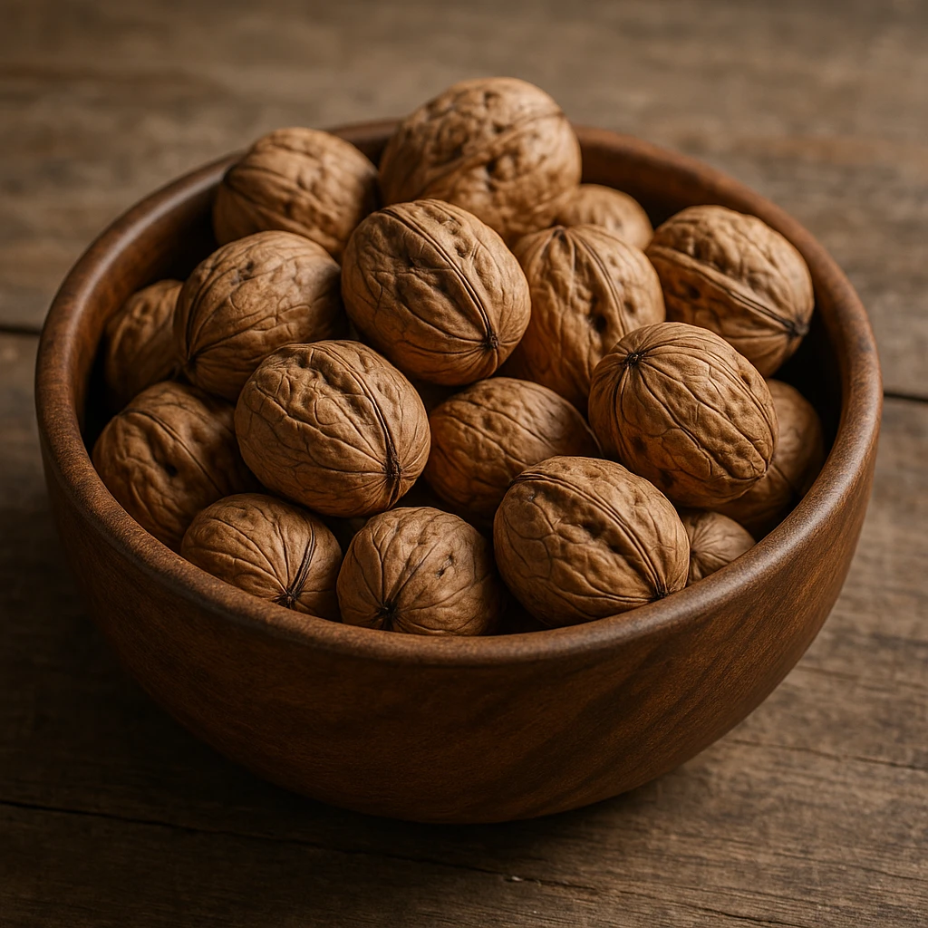 realistic italian walnuts in a wooden bowl emoji