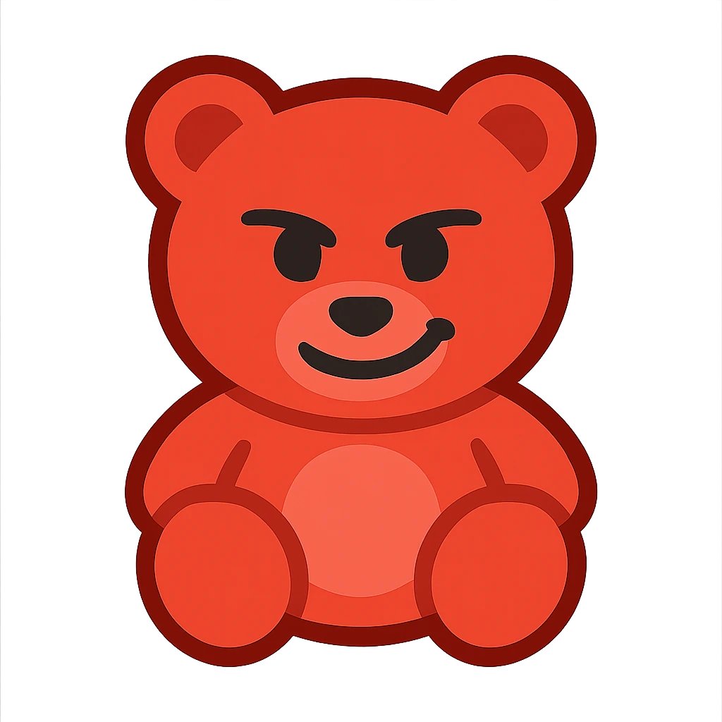 Create a red teddy bear with a smirking expression, simple and clear expression, on a transparent background. The style should be suitable for editing and versatile for emoji or illustration use. emoji