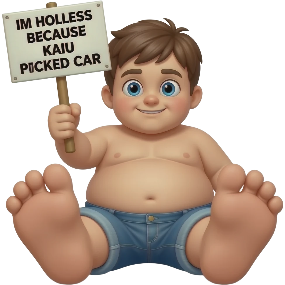 make a ugly megamind brown haired kid with a sign that says im homeless because kaiu picked the car and make him have big massive feet and no shirt and make sure hes fat emoji