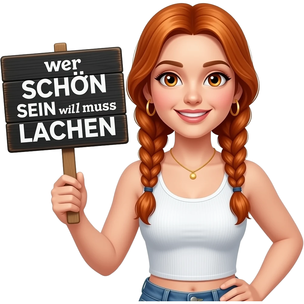 sexy girl with long ginger braids and ginger eyes wearing a white tanktop is holding a black sign with Wer SCHÖN SEIN will muss LACHEN written on it emoji