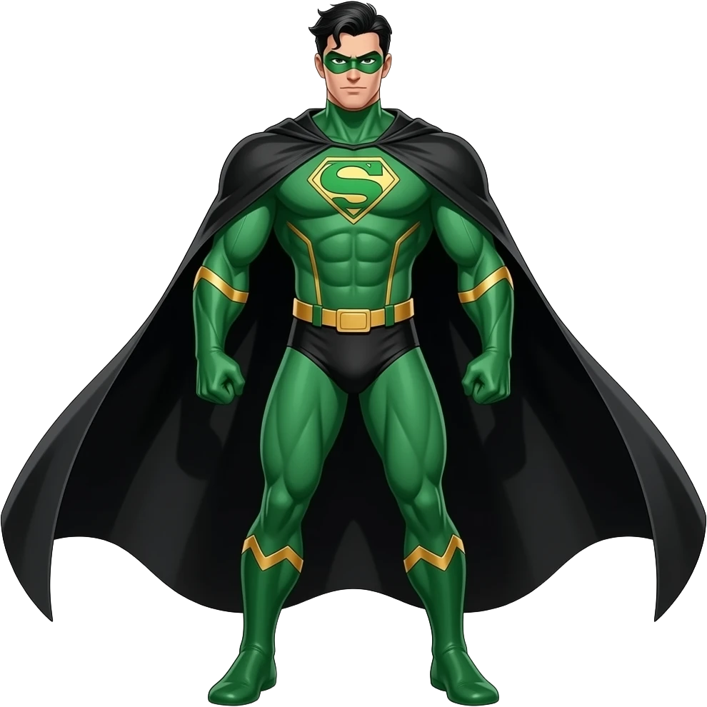 Anime male superhero suite all green and gold lines black long black cape green masks look superstrong black slick hair letters G very tall full body emoji