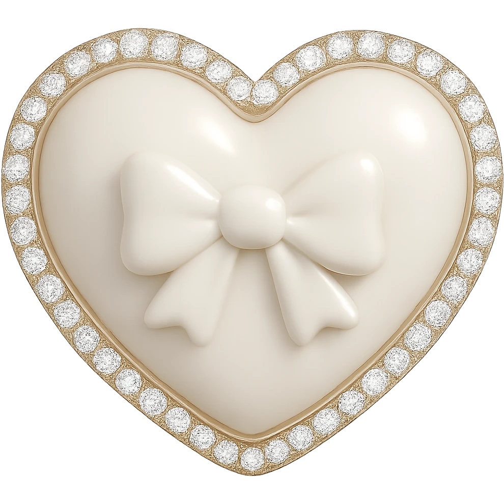 Change the heart to white with a bow in the middle, pastel enamel finish, sparkling gems, soft glowing effect, in the style of 3D emoji. Remove the background. emoji