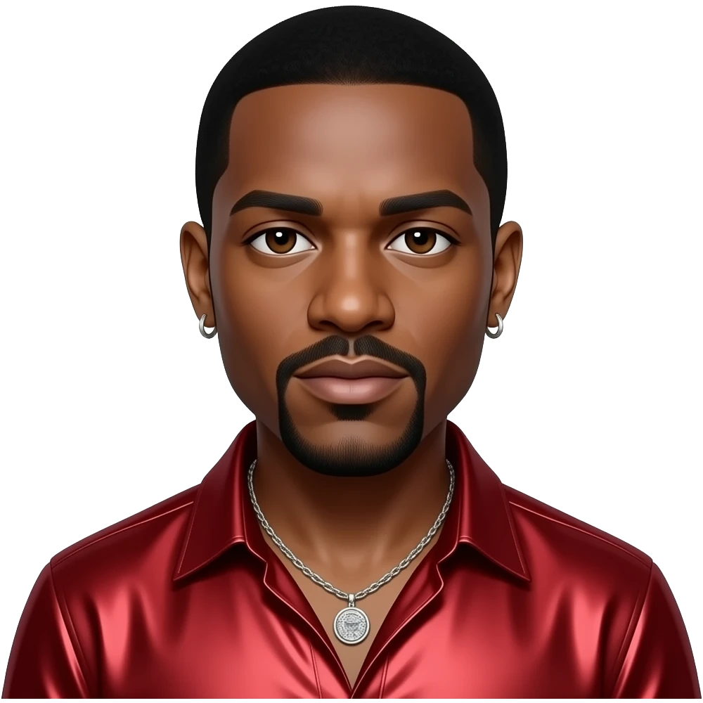 Big Boi from Outkast with dark brown eyes, black hair, red metallic shirt, necklace and earrings emoji