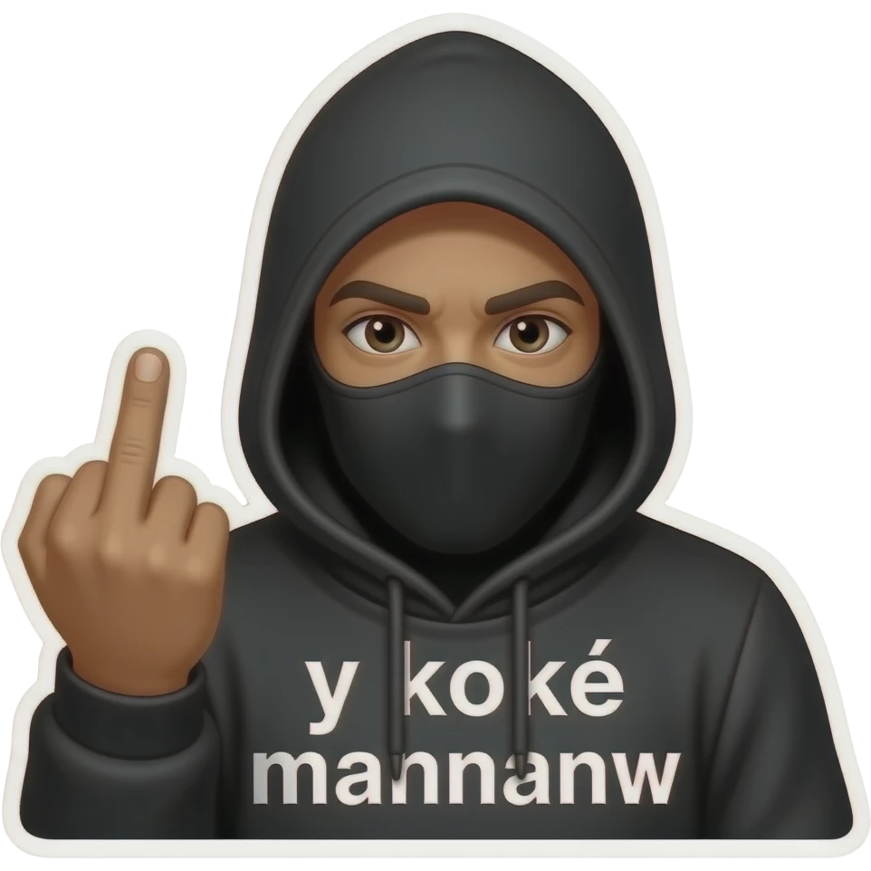 Étiquette avec un cagoule noir entrain de montre le doigt d'honneur écrit ''y koké manmanw emoji