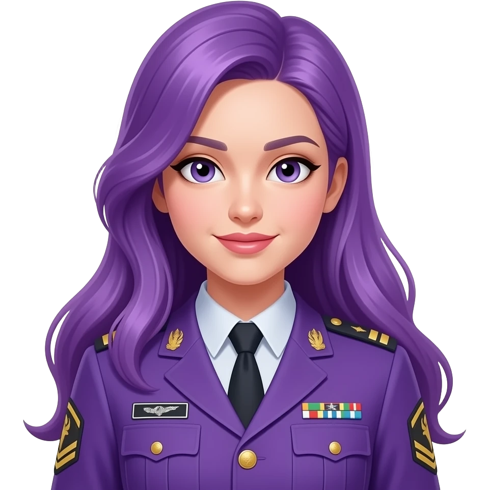 sexy girl with long purple hair wears a purple army uniform emoji