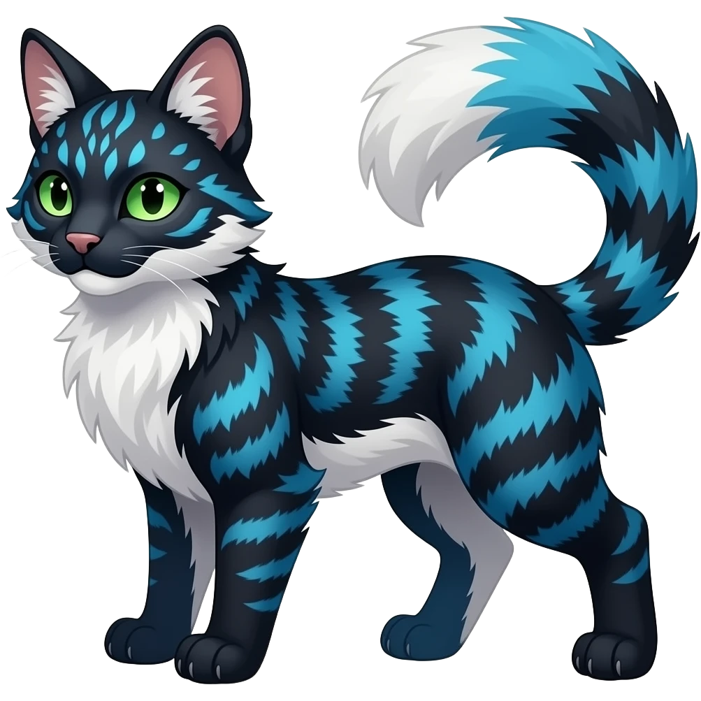 Colorful dark tropical  gradiented cobalt-blue, black, white fur, with green eyes, iridescent glorious divine exotic cute cool beautiful shiny beautiful fantasy-caracal-civet-genet-sergal-vernid-Cacomistle-Furret-civet-oncilla-animal-Fakémon-hybrid-fursona with pattern markings (full body) emoji