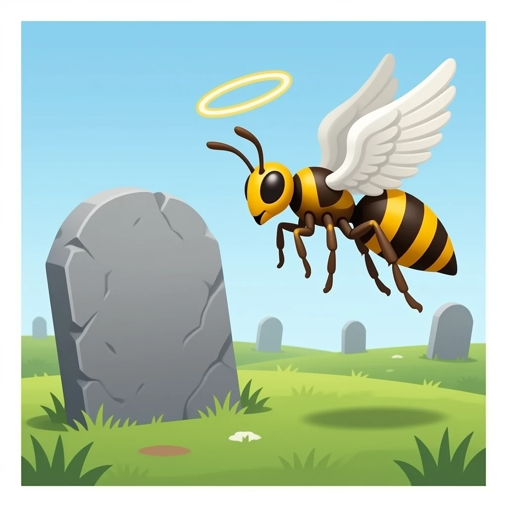 A grave with a wasp flying next to it with angel wings and halo emoji