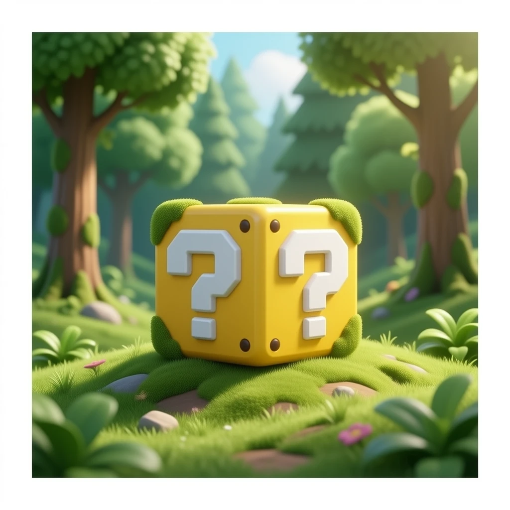"A hyper-realistic, 3D render of a Mario Question Mark Block sitting on a grassy hill in a lush forest. Sunlight filtering through trees, soft moss on the block, cinematic lighting, 8k resolution, Unreal Engine 5 style." emoji