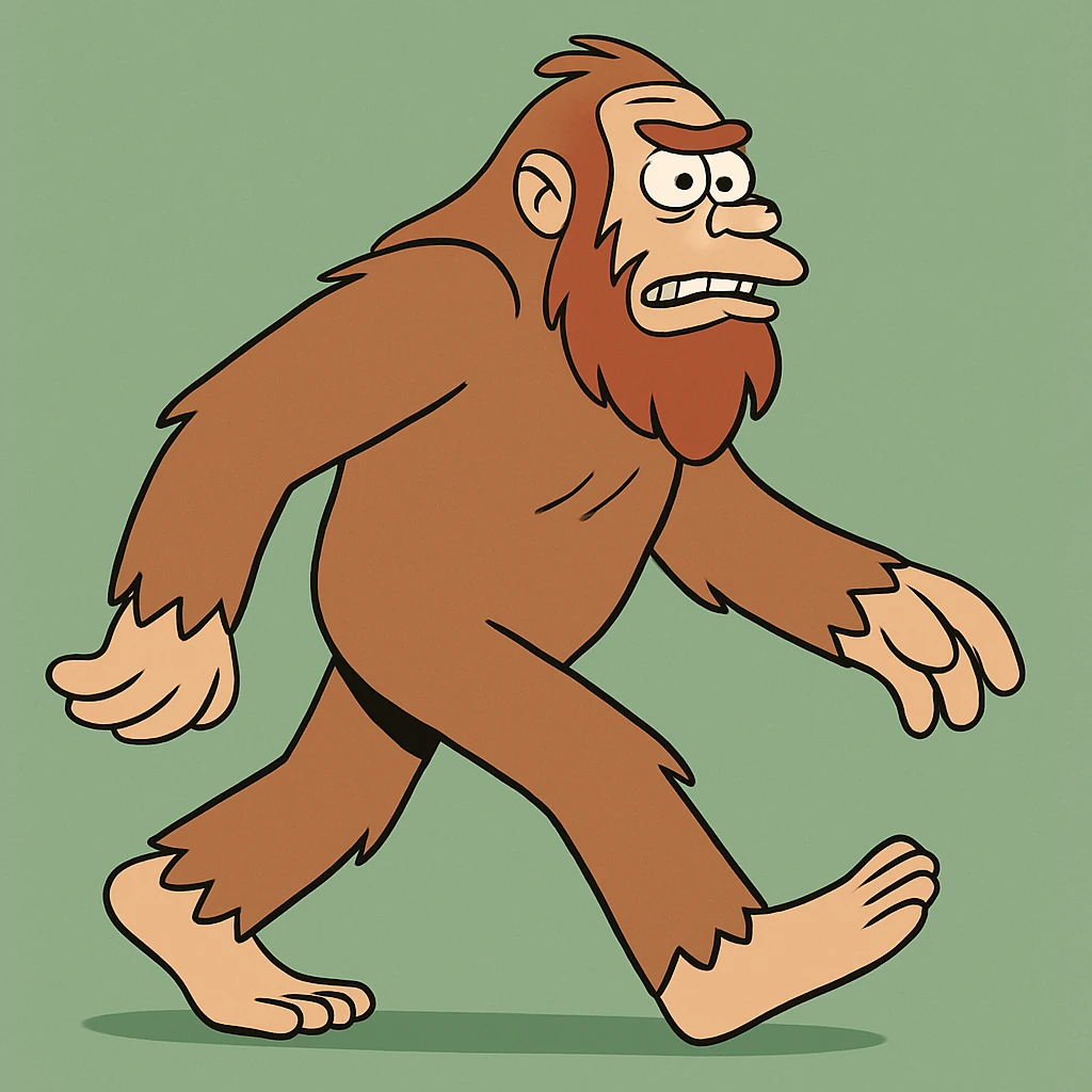 sasquatch striding in profile, cartoon style, exaggerated features, green background emoji