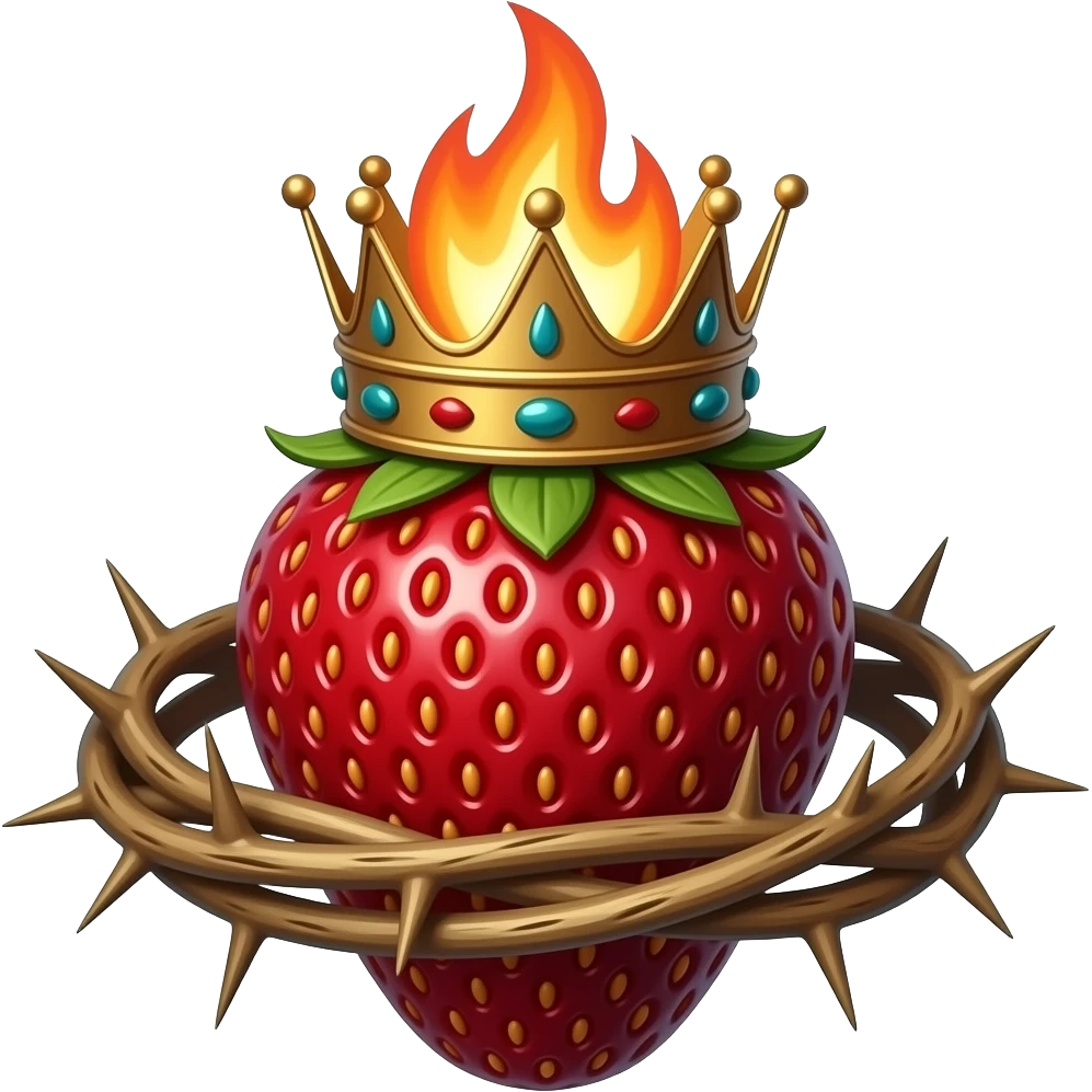 cinematic realistic -a dark strawberry with a rusty, richly decorated English royal crown on top that is flaming. An oversized crown of thorns is wrapped around the strawberry's body and is spinning around its body emoji