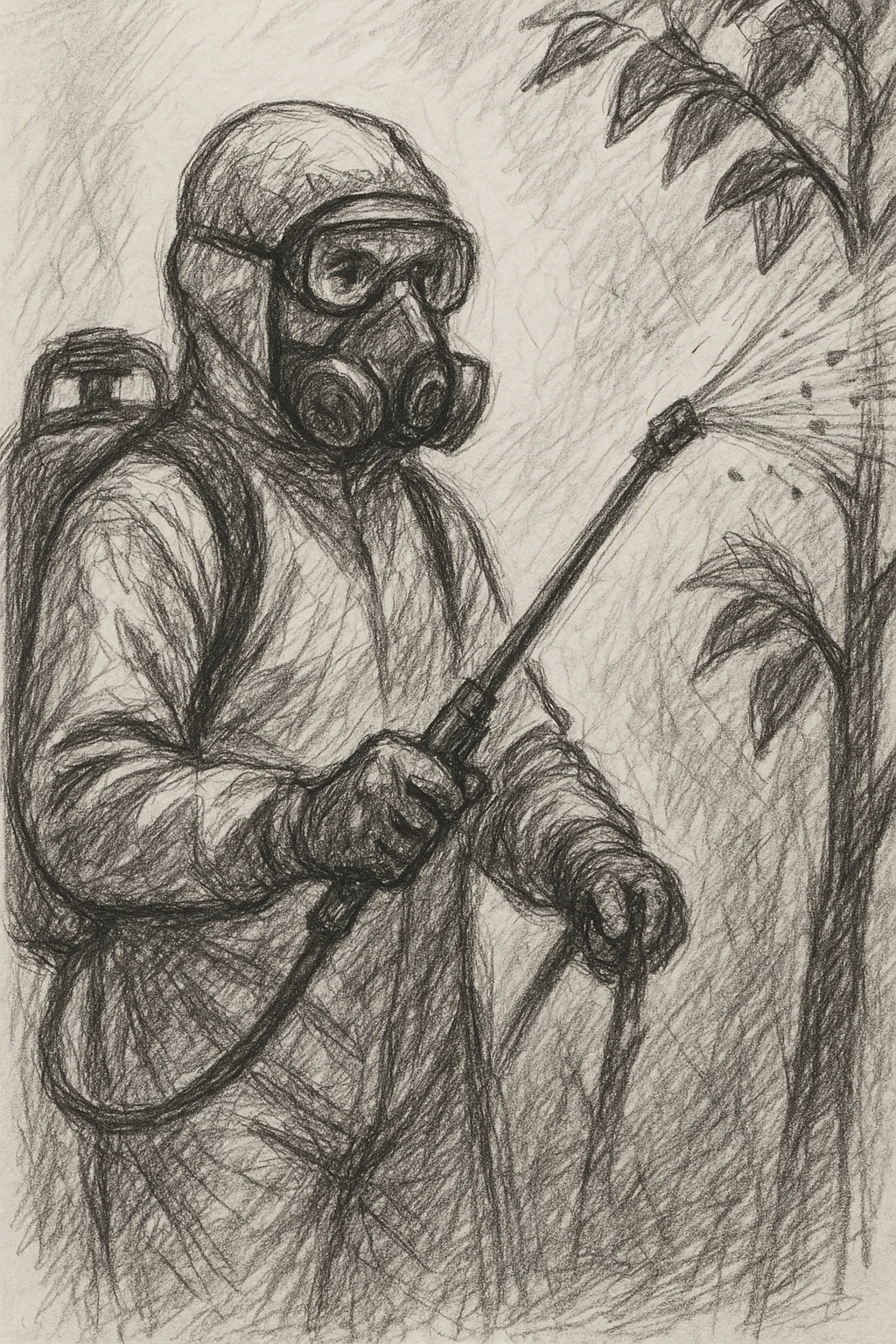 A gardener in protective suit and mask spraying a tree with a sprayer, performing chemical pest control. Bright green garden with trees, visible spray droplets, atmosphere of professional plant protection and garden care emoji