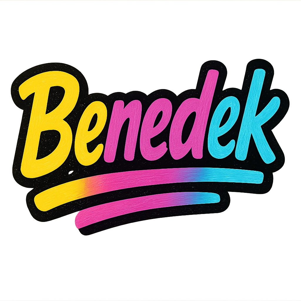 Benedek name in modern colorful gradient font with dark outline, dynamic slanted or partial underline, in the style of reference patterns emoji