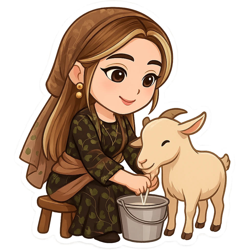 Kurdish cartoon sticker of the same woman in the new dress, milking a sheep or goat, sitting on a stool, holding a bucket, happy and focused, no text, transparent background emoji