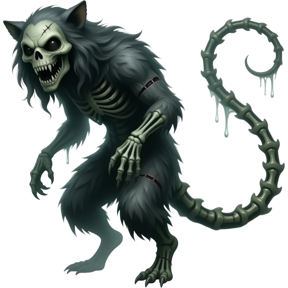 spectral spooky dark bleak blackish swampy gloomy ghostly dark greyish dark-deep-greenish foggy eldritch beautiful realistic edgy fantasy ghoul-like stitched vernid-sergal-fursona animal creature with a bony long thin tail emoji