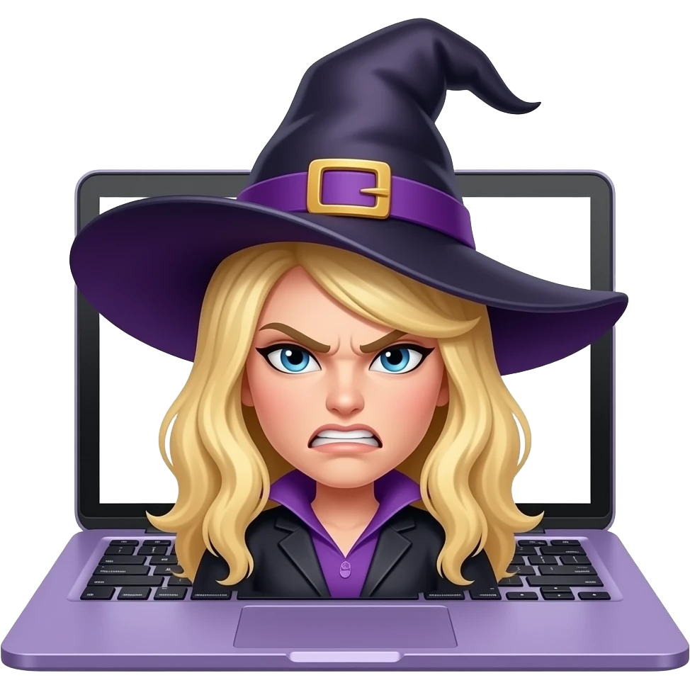 blonde witch, head on purple apple macbook keyboard, looking angry,purple and black outfit emoji