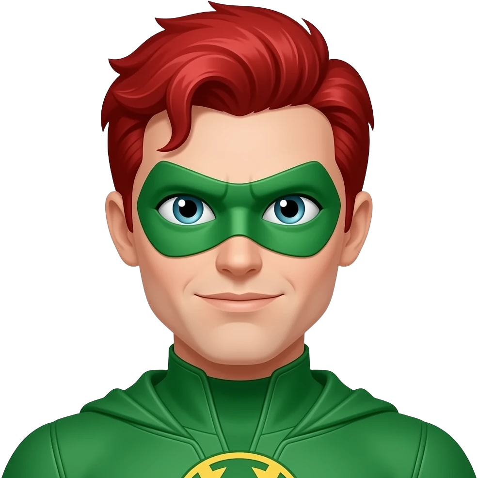 quiero que me hagas a un superheroe con el pelo pelirrojo mascara verde i con un traje verde emoji