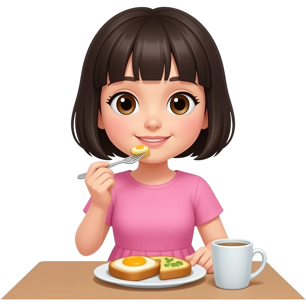 chica de cabello oscuro y corto, con ojos color cafe, con vestido color rosa, desayunando emoji