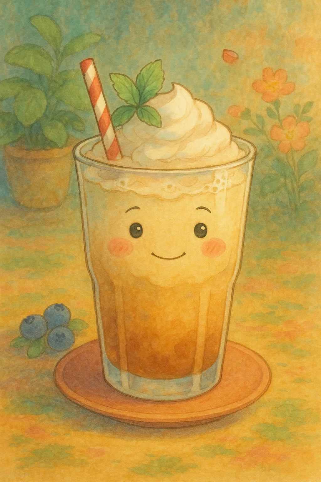 ghibli style drink with a gentle face and dreamy colors emoji