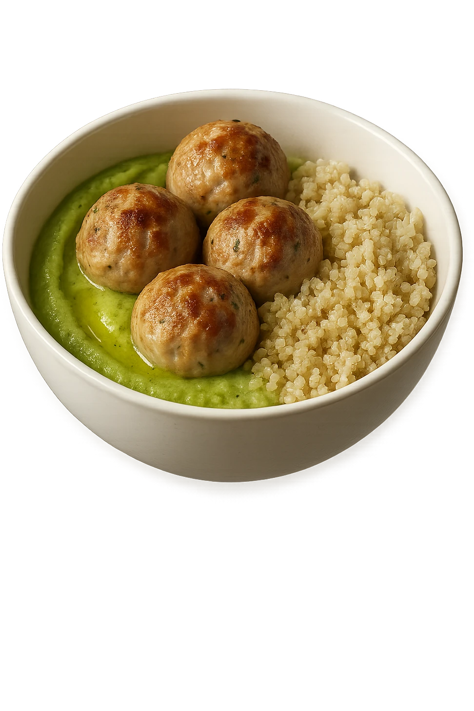 bowl bianca fluttua in aria con polpette di tacchino, purè di zucchine, quinoa e olio di oliva, iperrealistico 4k emoji