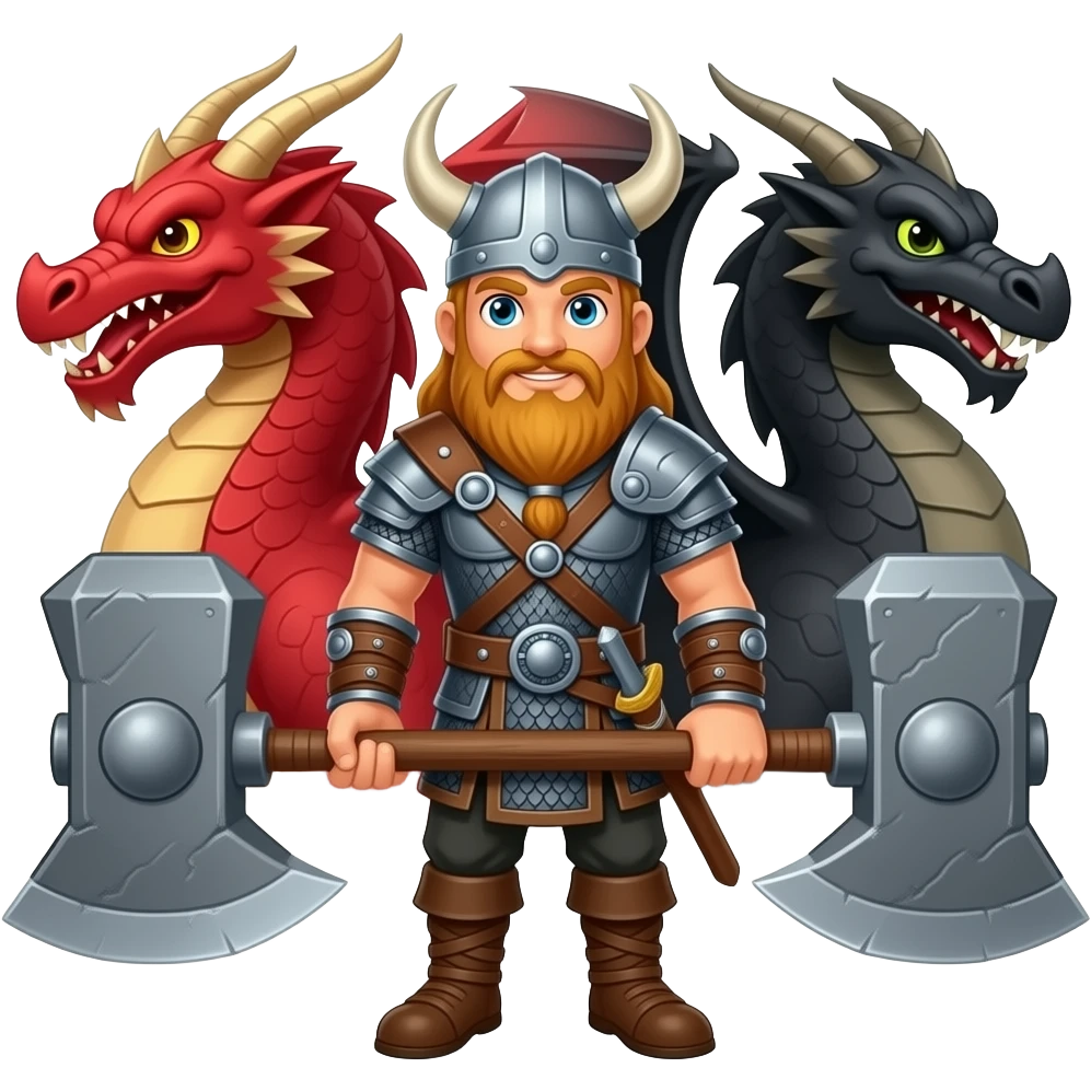 un viking avec un marteau à deux main sur lequel repose ses deux mains. Ce viking est entre deux dragons, l'un est rouge et l'autre est noir emoji