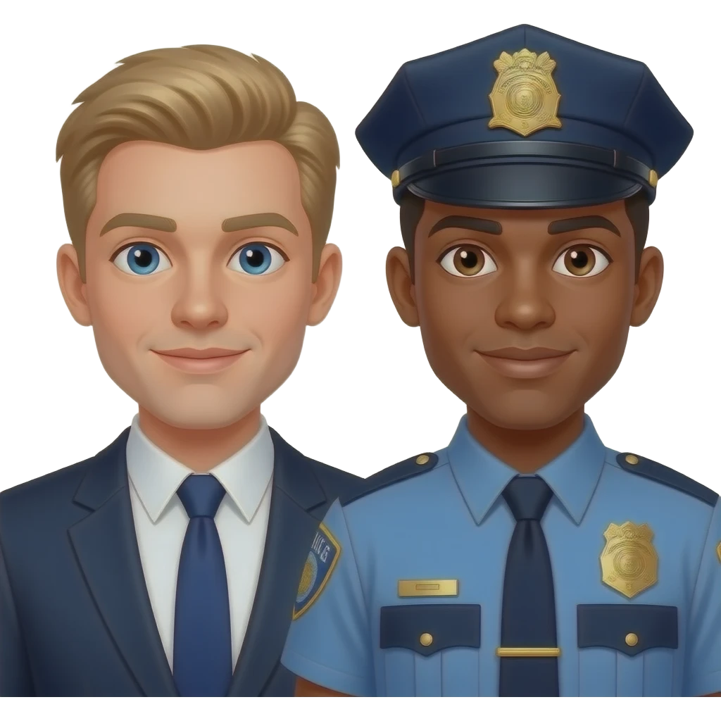 Make a young gay couple on a Date , one has light Skin with Blond Hair and Blue Eyes, the other one has slightly brown skin witz dark Brown Hair and Brown Eyes. The blond one is dressed as a banker, the brown one is dressed as a police officer. emoji