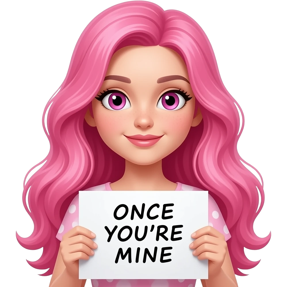 sexy girl with long pink hair and pink eyes holding a ONCE YOU'RE MINE sign emoji