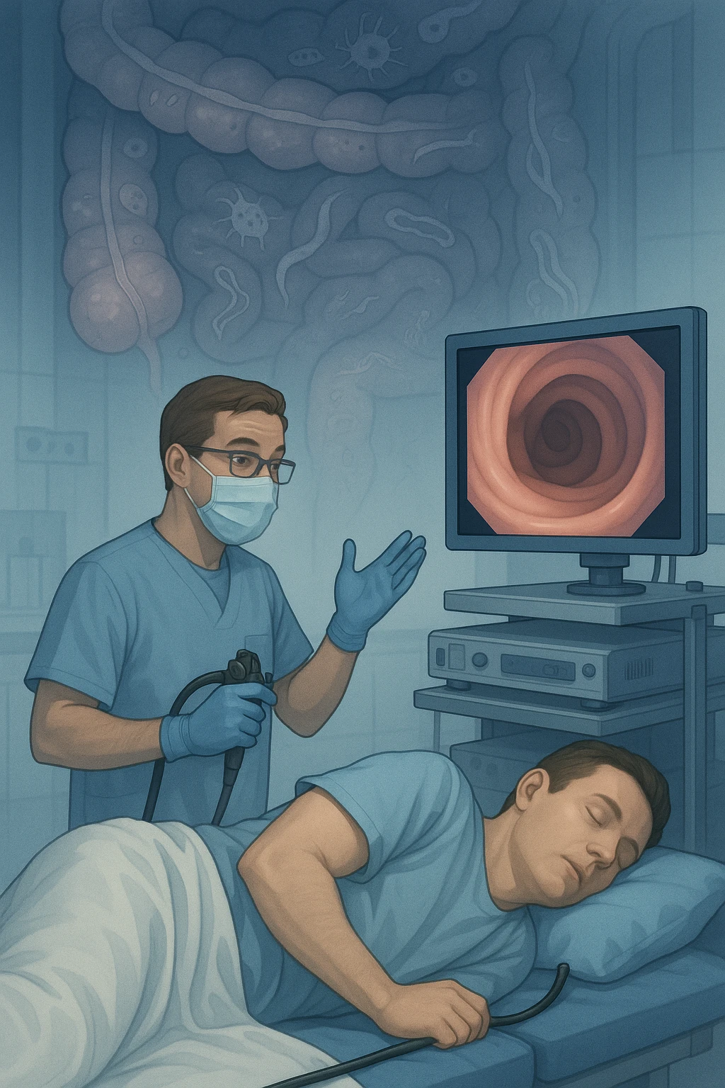 A medical cinematic illustration showing a patient undergoing a colonoscopy in a modern clinical setting. On the monitor, the endoscopic camera shows smooth, healthy-looking intestinal mucosa — clean and without evidentiary signs. But layered symbolically in the background (or faded into the intestinal wall), tiny parasitic organisms like protozoa and helminths are subtly depicted hiding between folds, or embedded deeper in tissues, undetectable by the surface-only scope. The doctor gestures with confidence, while the patient remains unaware that the test might not reveal the true underlying infection. The scene has cool clinical lighting, shallow depth of field, and realistic anatomy, overlaid with symbolic, almost ghost-like imagery of parasites emoji