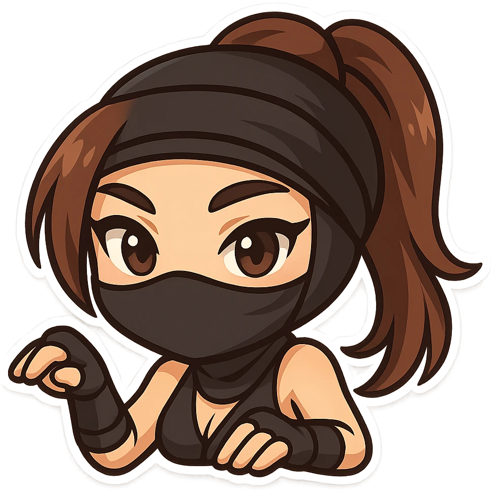 Crop to show only the head and arms of the sexy chibi ninja girl, keep bold outlines, sized for Twitch emoji use with transparent background. emoji