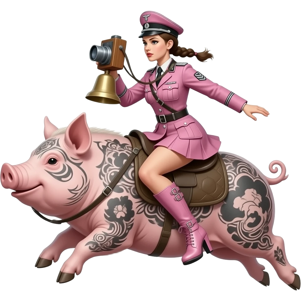 steampunk - A slim and dead female rider in a pink German army uniform from World War II jumps on a large tattooed pig with a wooden camera on its bellows and pink high heels on her feet. emoji