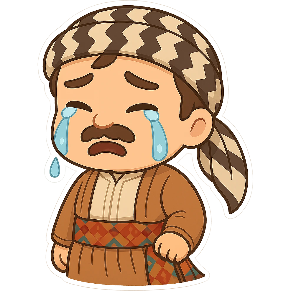 Create a chibi Kurdish cartoon sticker based on the reference image, showing a crying (sad) expression, with a transparent background. emoji