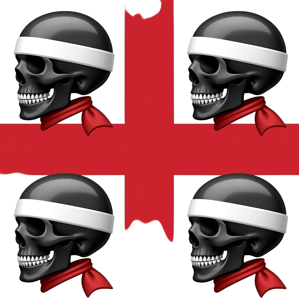 Sardaigne drapeau avec les tête de morts et la crois rouge avec un fond blanc Les tête de mort noir qui regarde tous à gauche ils sont 4 et on un bandeau blanc sur les yeux avec un foulard rouge sur la tete emoji