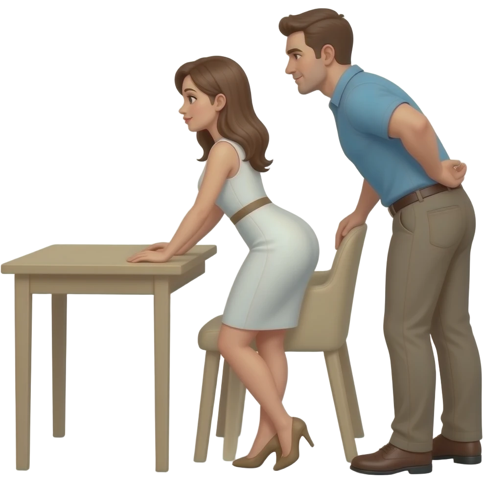 een zij aanzicht van aangeklede vrouw staat met handen op tafel, man staat achter haar met zijn heupen tegen haar billen emoji