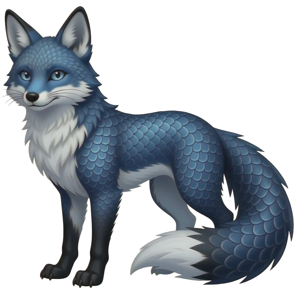 Feral Rare Fantasy scaly evil spooky vibrant dark shady shaded detailed deep-dark-cobalt-blue-gradients-colored colorful Vernid-Sergal-Genet-Trico-Fox-species by LiLaiRa, with dark-blackish points, white belly, random markings, tufted tail, tufted ears, full body emoji