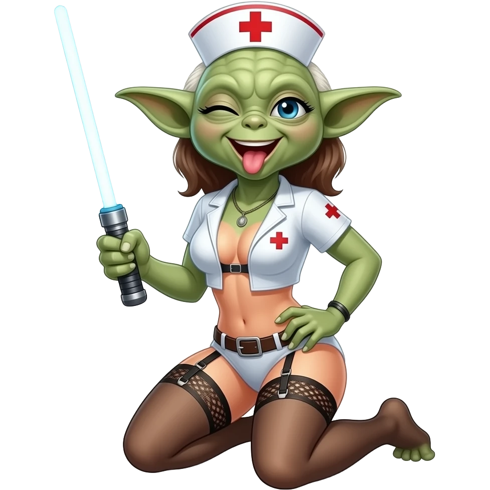 Yoda smiling with a wink, with a lady, nurse ,topless, more cleavage  top of clothes more low cuta large light saberlarge breasts, garter belt, kneeling , mouth open emoji