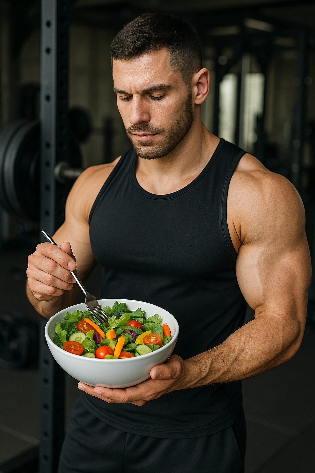 "Un uomo bodybuilder (30-35 anni) che migliora la sua composizione corporea e mangia sano emoji