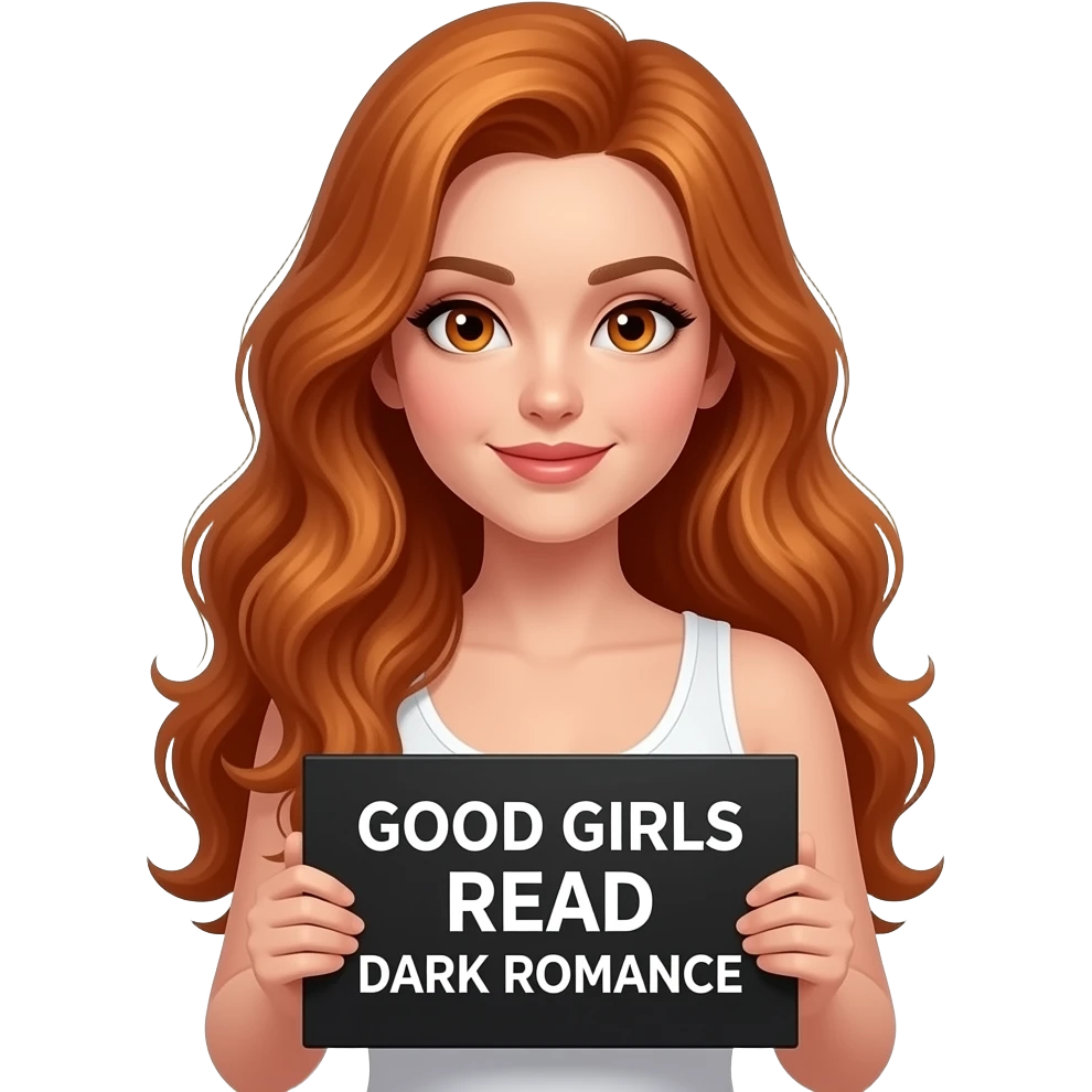 sexy girl with long wavy ginger hair and ginger eyes wearing a white tanktop is holding a black colored sign with GOOD GIRLS READ DARK ROMANCE written on it emoji