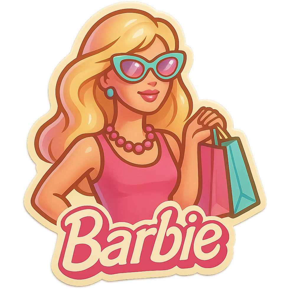 Barbie inspired sticker, modern chic, pastel colors, sunglasses, shopping bags emoji