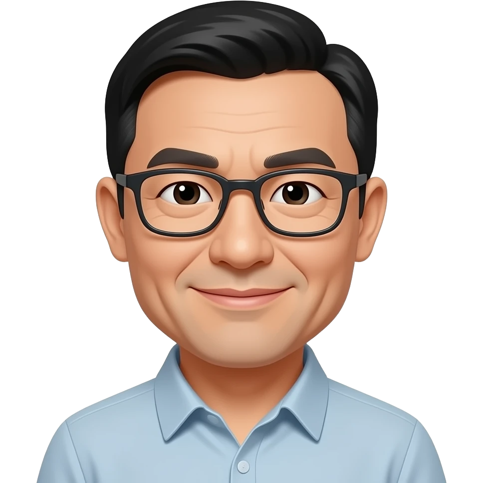 Китаец среднего возраста с очками и ухмылкой emoji