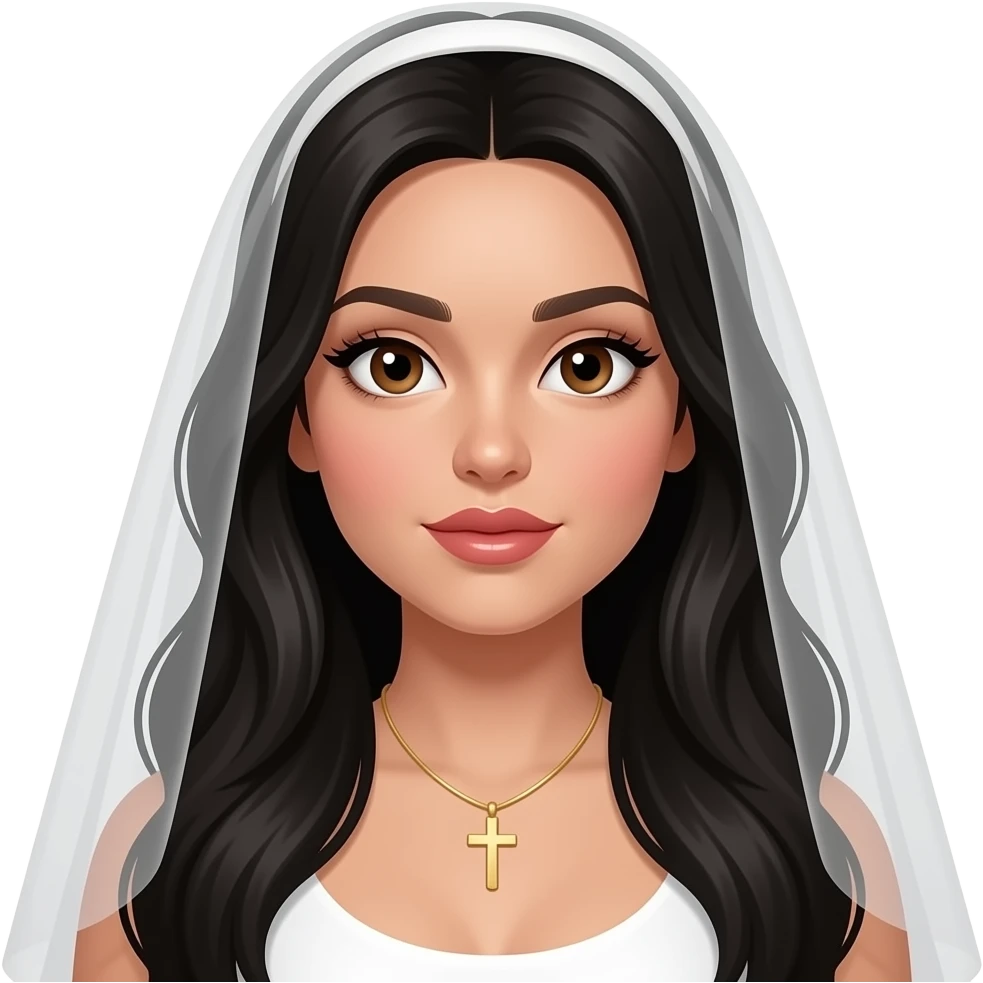 Nun young woman, very extra lonh black hair showing under veil, small gold cross necklace, big brown eyes, big lips, adult curvy woman but fully covered body except for head and hair, lip gloss on. Dark eyebrows, long eyelashes. emoji