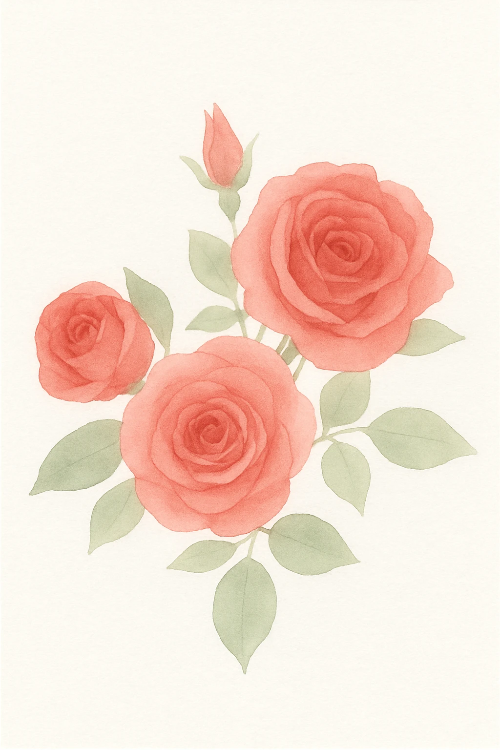 3D iOS watercolor style illustration of a bouquet of red roses with green leaves, delicate watercolor texture, soft glossy look, smooth shading, no background, square format. emoji