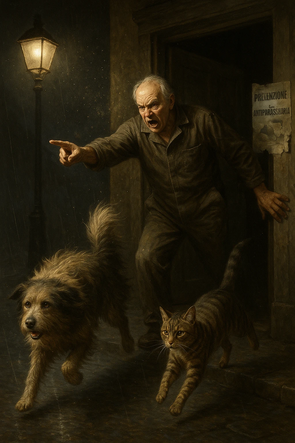 Un uomo anziano in tuta da lavoro, con espressione arrabbiata, butta fuori i suoi animali con aperta la porta di casa mentre il suo cane (un meticcio a pelo lungo) e il gatto (soriano) scappano nella strada buia sotto la pioggia. Particelle di polvere/pulci fluttuano nell'aria illuminata dal lampione. Sullo sfondo, un poster strappato del veterinario con scritto 'Prevenzione antiparassitaria'. Stile fotorealistico, illuminazione Caravaggesca, toni grigi e ocra. in italiano emoji