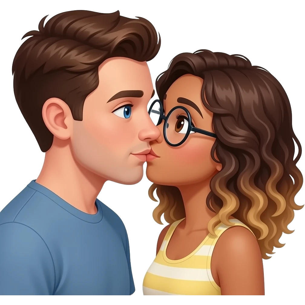 Homme blanc cheveux châtain avec yeux bleu et fille métisse cheveux bouclés marrons et blonds avec des yeux marrons et des lunettes rondes qui s’embrassent emoji