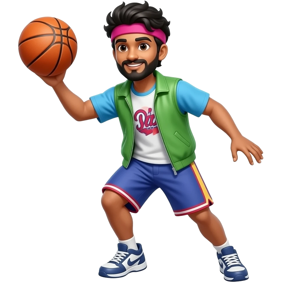south indian young adult with beard wearing 80s themed outfit playing basketball emoji