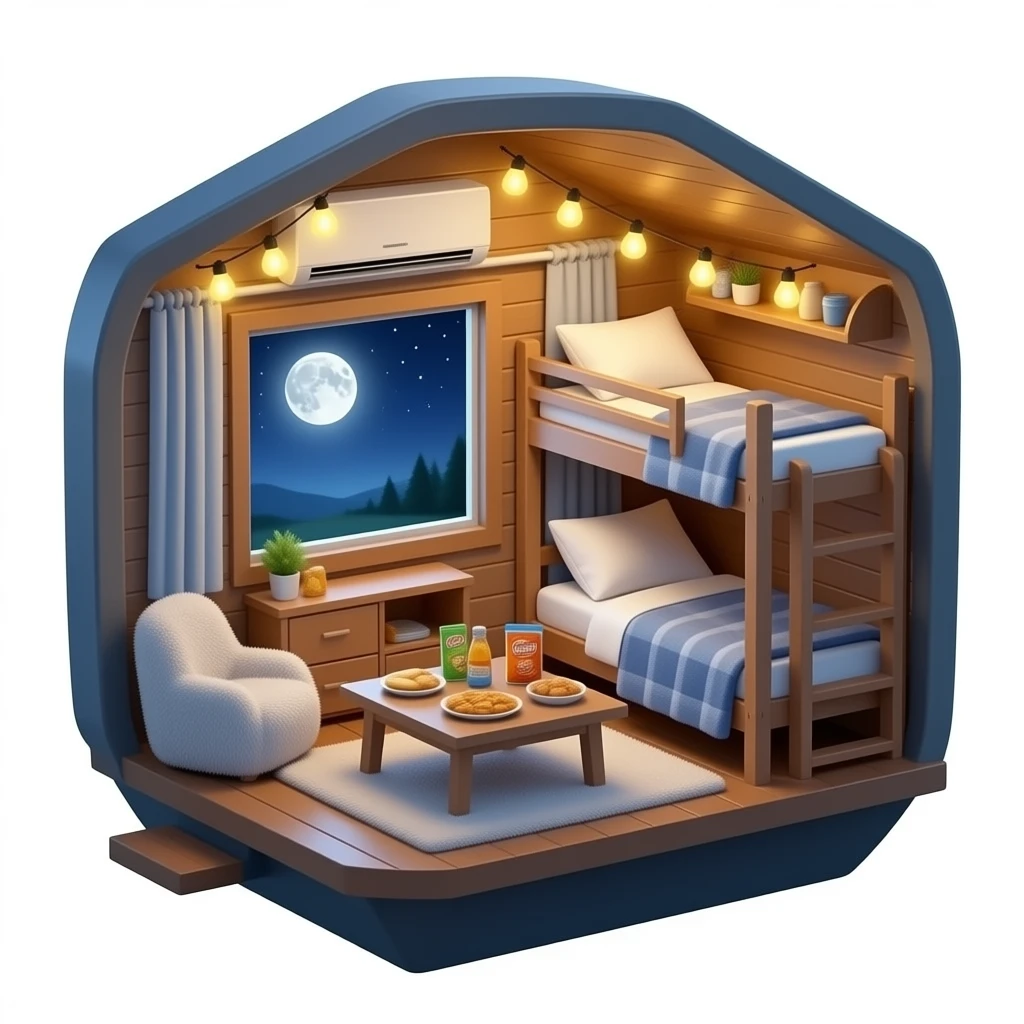 Yummy snacks and ldc lights  and cozy fuzzy blankets and a flying home  in night and a cozy moon and a big window and snacks and inside the house is flying and thers a aircon and a bucnk bed and it needs to be big front  view emoji