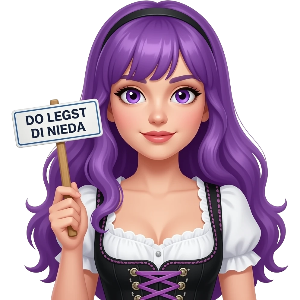 sexy girl with long purple hair and purple eyes wearing a dirndl holding a DO LEGST DI NIEDA sign emoji