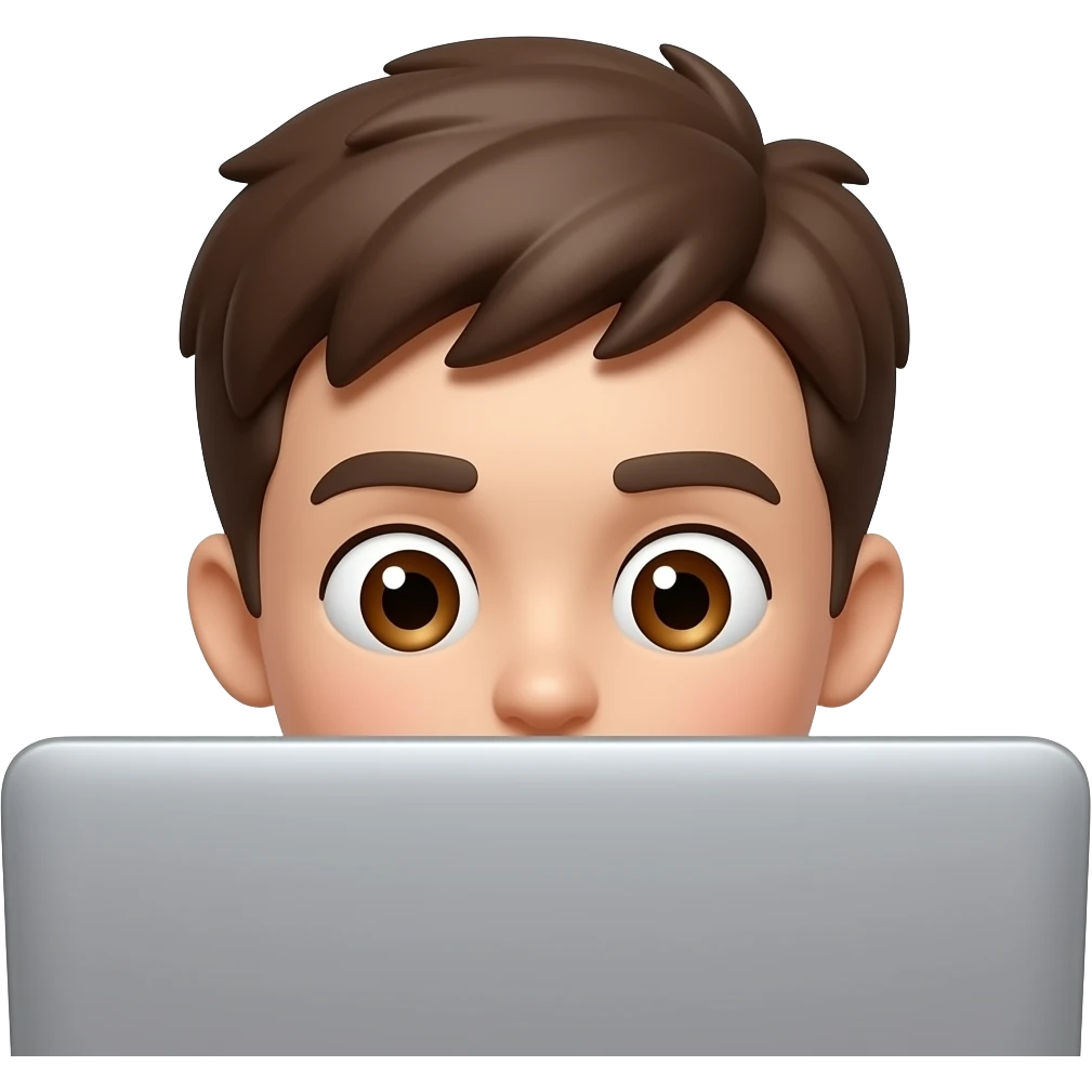 D Memoji-style young man, short brown hair, peeking over top of silver laptop (only eyes/head visible), large expressive brown eyes,minimalist tech style. emoji