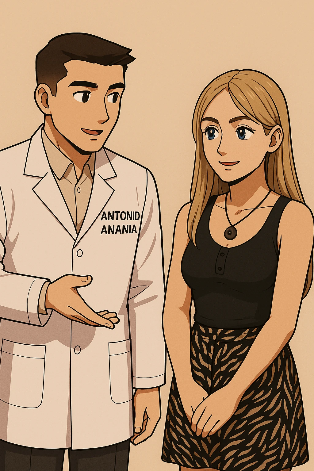 fai un webtoon/manga a colori con questo kinesiologo in camice bianco (fagli la scritta "ANTONIO ANANIA" SUL CAMICE) CHE PARLA CON QUESTA RAGAZZA CON GLI OCCHI AZZURRI. la ragazza gli fa una domanda e IL KINESIOLOGO CON IL CAMICE BIANCO LE risponde. NON FARE I FUMETTI, FAI SOLO LORO COME SE DIALOGASSERO emoji
