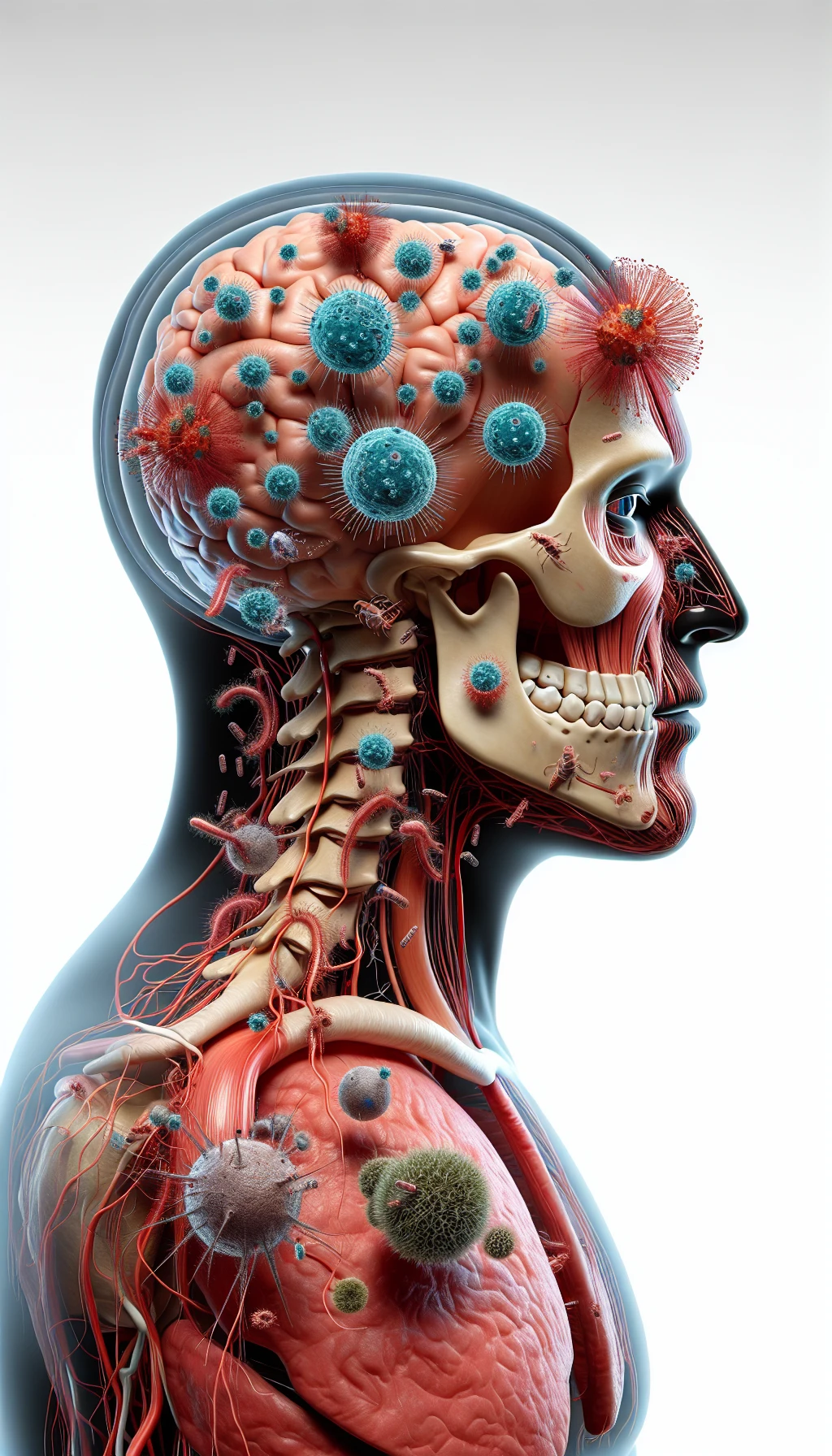 corpo umano anatomico di profilo con virus e parassiti che cercano di attaccarlo , isolato su sfondo bianco, iperrealistico 4k emoji