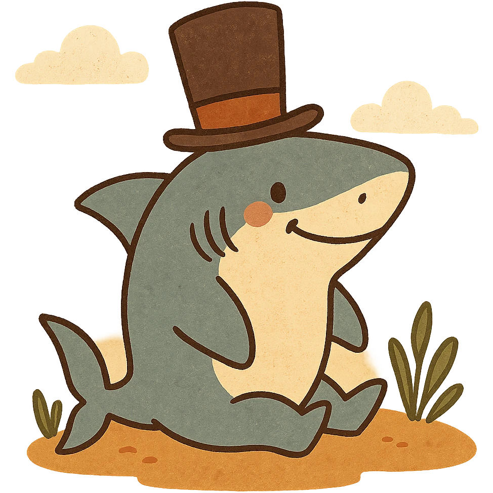 a cute shark with a tall top hat, whimsical style, cartoon, playful, colorful, bold lines emoji