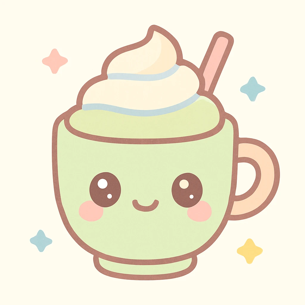 matcha drink in a cute cup with a kawaii face, pastel colors, whipped cream topping emoji